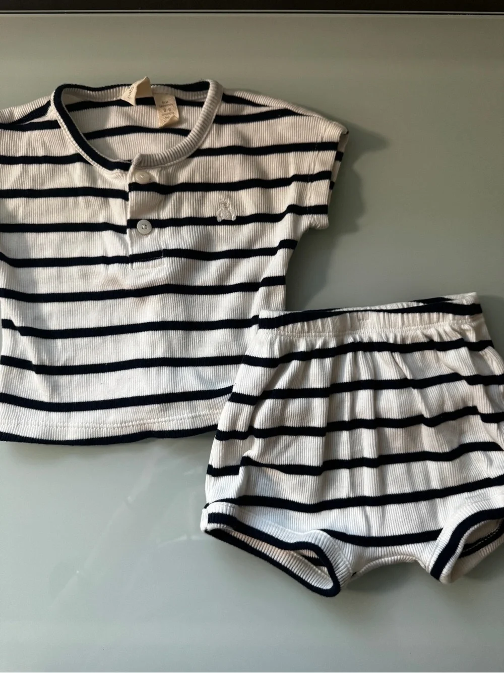 GAP Navy Stripe Top and Lemon Print Blue Matching Set 3-6 months - Picture 6 of 6